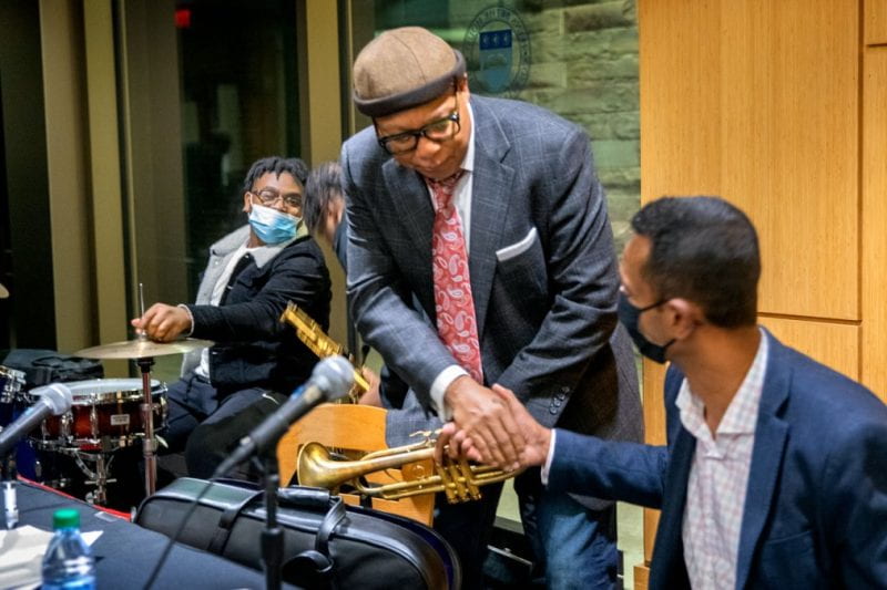 Wynton Marsalis participates in a panel discussion, “What Are You Going To Do With Your Life: How the University Prepares Students for a Life Well-Lived in Hans Bethe House.” Source: https://news.cornell.edu/picture-cornell/photos-day-november-1-2021